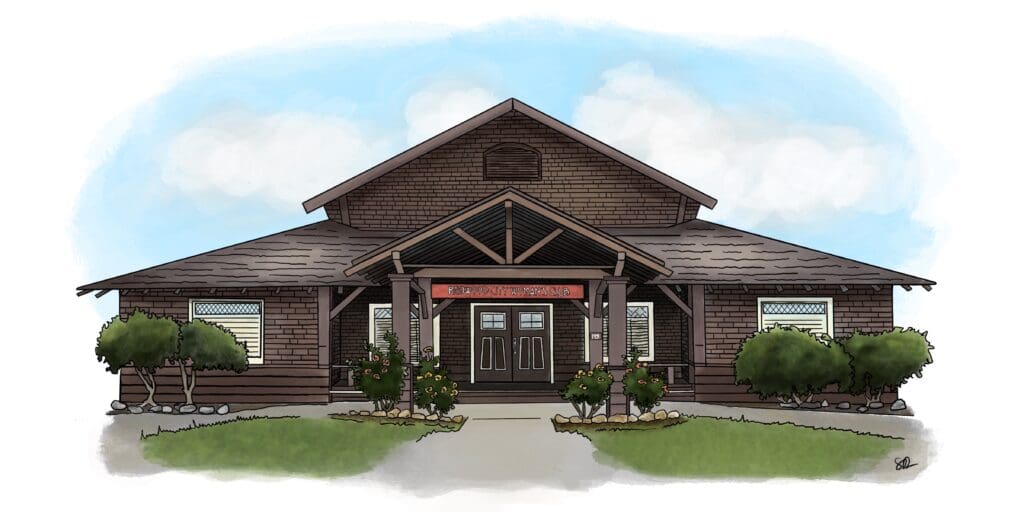 A drawing of a house with a porch and trees