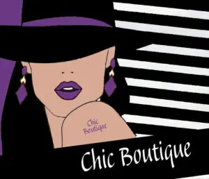 Redwood City Chic Boutique find arts and crafts show logo has a stylized woman with purple lipstick and black fedora against a background of black and white stripes