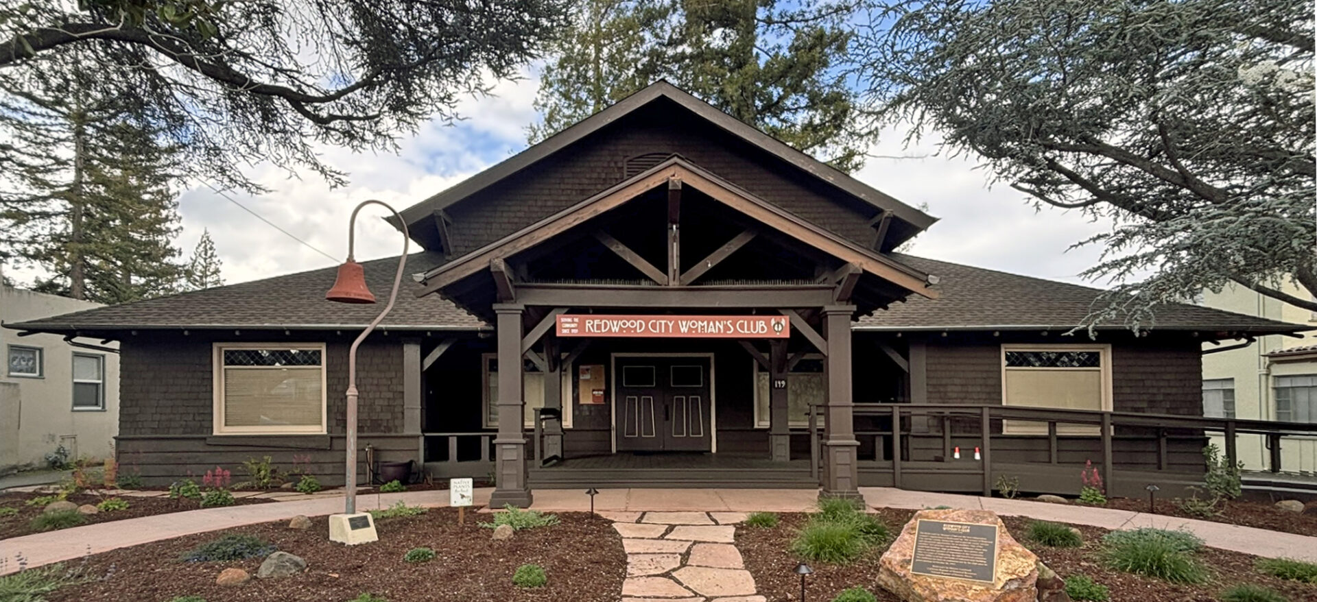 Clubhouse Photo Craftsman style clubhouse front view. Sign on building says Redwood City Woman's Club