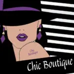 Logo for Chic Boutique with stylized woman wearing black hat and purple accessories
